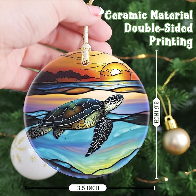 Sea Turtle Christmas Ornament, 3.5 Inch Ceramic Hanging Ornament, Sea Turtle Decor for Christmas Tree, Gifts & Holiday Presents