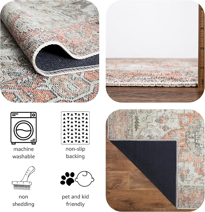 Keen Home Design 2x10 Rug - Machine Washable Runner Rug with Non-Slip Backing, Ideal for Hallway, Entryway, Kitchen, Laundry Room - Vintage, Easy Clean, Durable, Low Pile - (2'6" x 10')