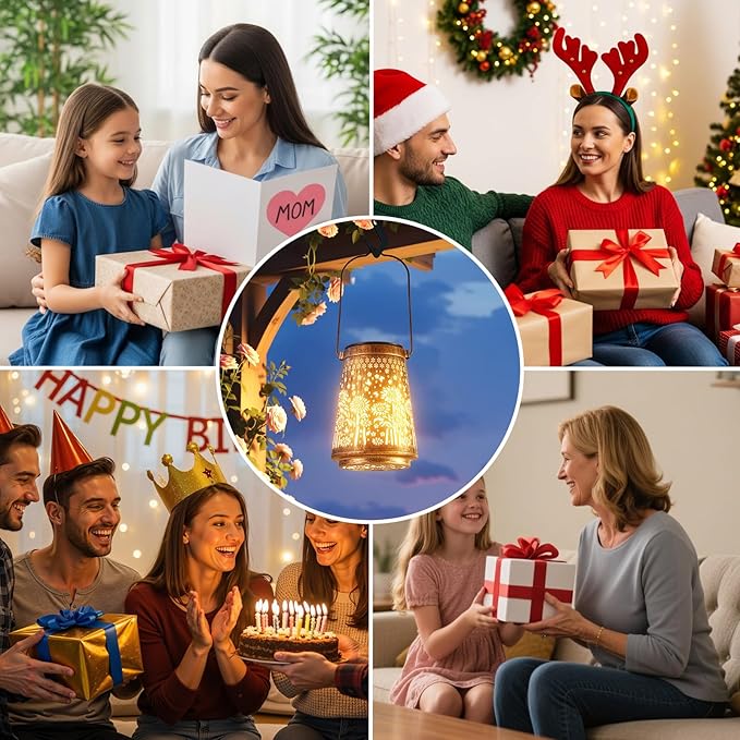 2 Pack Solar Lanterns Outdoor Waterproof Birthday Gifts for Women Mom Grandma, Hollowed-Out Metal Sunflower Hanging Solar Lantern Lights Outdoor Decor, 2 Modes Lights Decor for Yard, Patio