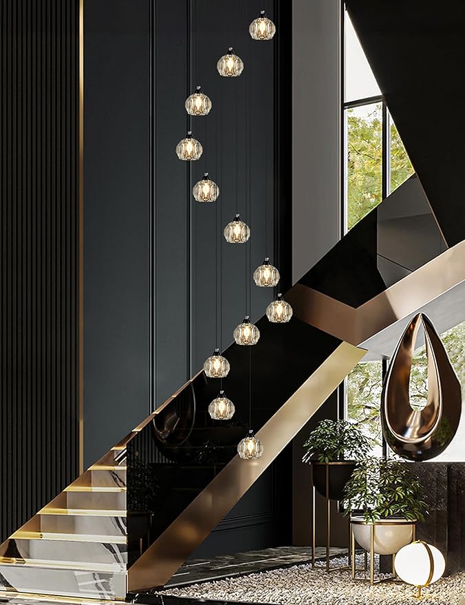 Crystal Chandeliers for Staircases, 12-Light Black Modern Chandeliers for High Ceilings，Crystal Pendant Light Fixture for Living Room Kitchen Island Foyer Hallway Bar