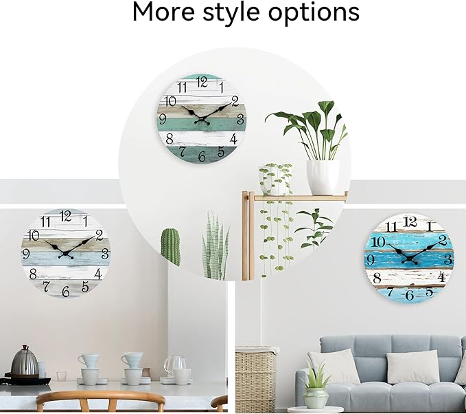 CHYLIN Wall Clock - 16 Inch Silent Non Ticking Coastal Wall Clocks Battery Operated, Wooden Rustic Farmhouse Clock Decorative for Living Room, Kitchen, Bathroom, Office (Blue)