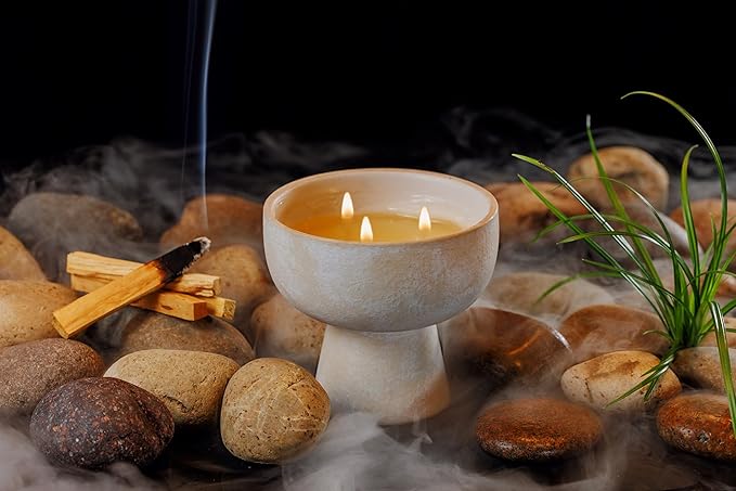 Blueme Spiritual Candle | Palo Santo & Vetiver | 3 Wick - Refillable Wellness Candle with Essential Oils, Hand Finished & Poured Soy Wax Blend Ceramic Vessel, Natural Cotton Wicks | Medium 12 oz