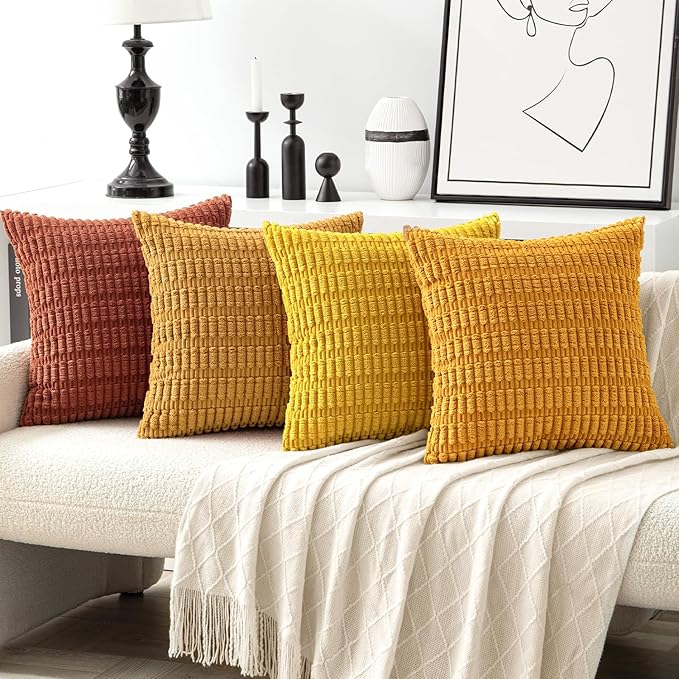 MIULEE Pack of 4 Fall Boho Farmhouse Orange Yellow Corduroy Decorative Throw Pillow Covers 20x20 Inch Soft Striped Pillow Covers Modern Rustic Home Decor for Sofa Living Room Couch Bed