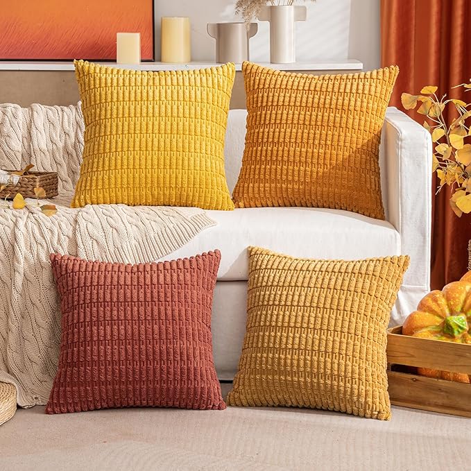 MIULEE Pack of 4 Fall Boho Farmhouse Orange Yellow Corduroy Decorative Throw Pillow Covers 20x20 Inch Soft Striped Pillow Covers Modern Rustic Home Decor for Sofa Living Room Couch Bed