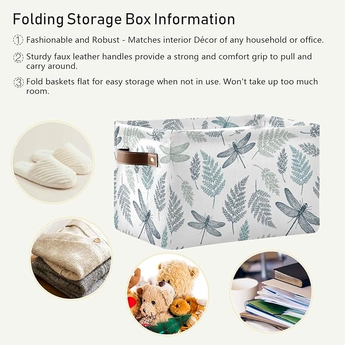 susiyo Large Foldable Storage Bin Fern Botanical Dragonfly Fabric Storage Baskets Collapsible Decorative Baskets Organizing Basket Bin with PU Handles for Shelves Home Closet Bedroom Living Room-2Pack