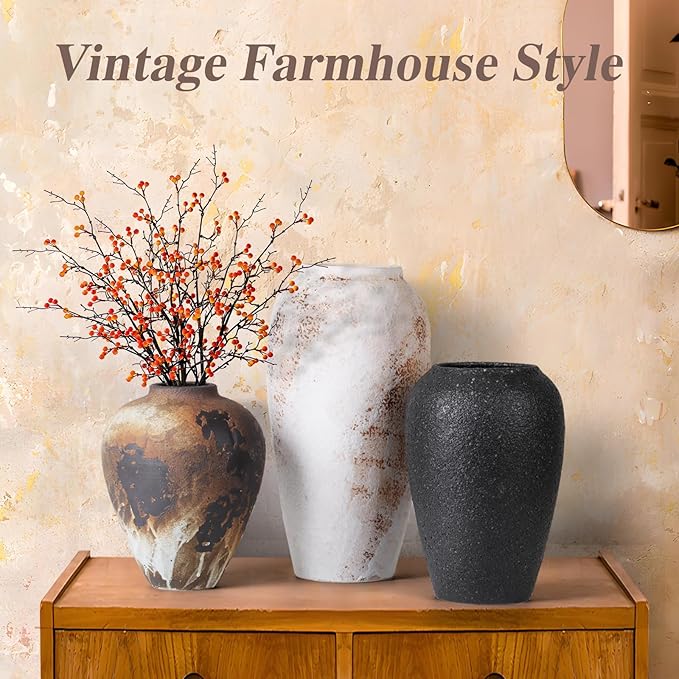 Large Rustic Vase for Flowers,10'' Black Farmhouse Ceramic Vases for Home Decor, Minimalist Decorative Tall Vase for Living Room, Entryway, Shelf, Premium Pottery Clay Table Centerpiece Decor