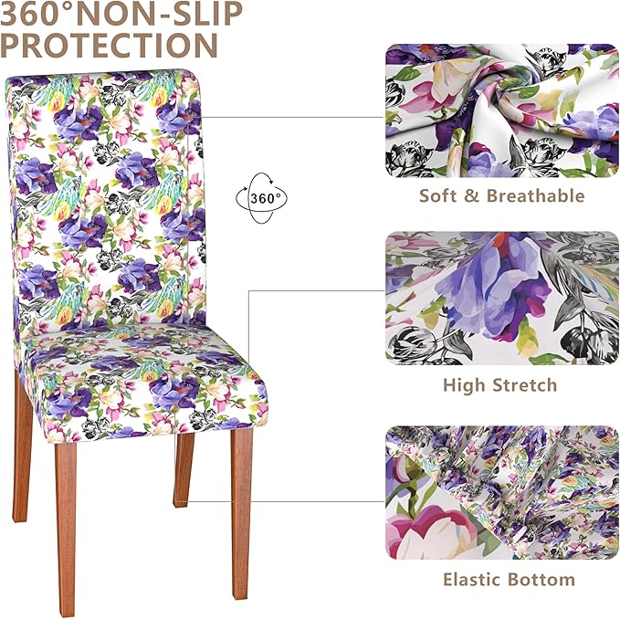Stretch Dining Chair Covers Set of 8,Floral Print Chair Covers,Soft Removable Washable,Pet Friendly Furniture Protector,Universal Chair Slipcovers for Home, Kitchen,Ceremony Dining Room Seat