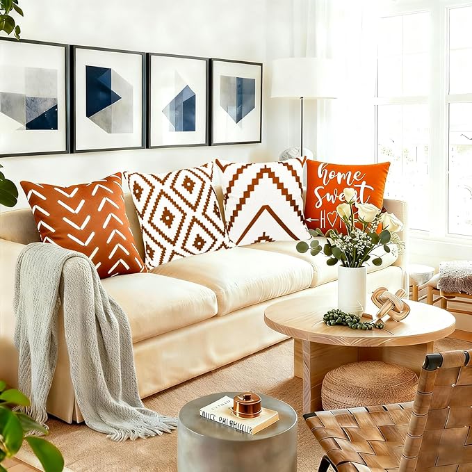Decorative Throw Pillow Covers 18x18 inch Set of 4 Orange Pillow Covers for Couch Sofa Bed Living Room,Farmhouse Outdoor Throw Pillow Cover,Modern Geometric Linen Square Throw Pillow Cases