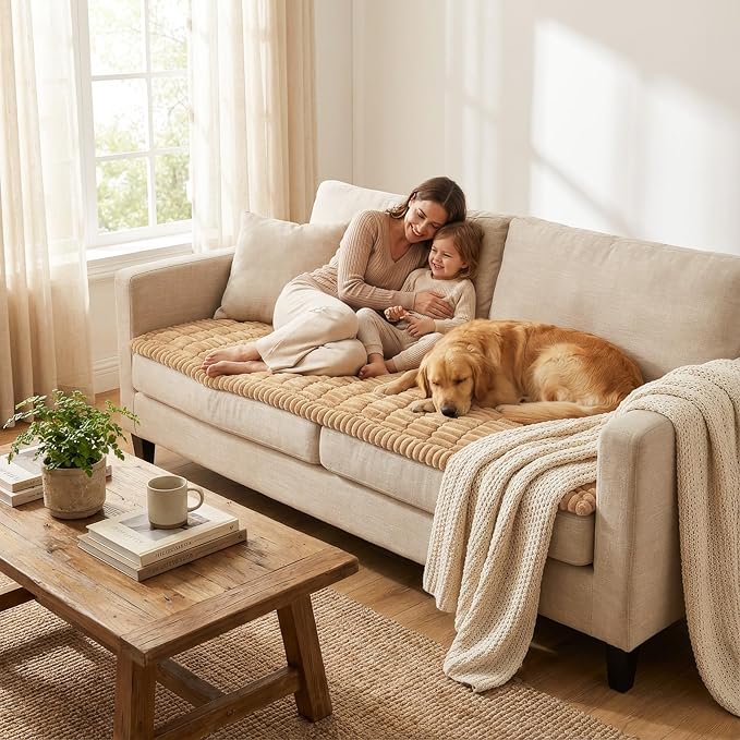 Smiry Couch Cover for Dogs Washable, Non Slip Fuzzy Pet Couch Covers for 3 Cushion Sofa Pet Friendly, Thick Soft Sofa Slipcovers Cushion Protector (Camel, 27.6" x 70.9")