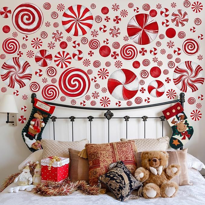 211 Pcs 6 Sheets Christmas Wall Decals Peppermint Wall Stickers Removable Oil Red and Green Candy Stickers Christmas Window Clings for Indoor Living Room Bedroom Nursery Decor(Red)