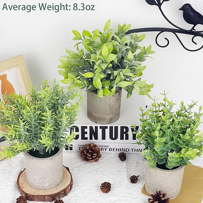 3 Pack Artificial Potted Fake Plants Eucalyptus 9” Artificial Mini Paper Pulp Potted Plants for Shelf Desk Home Bathroom Table Window Decor, Sage Green