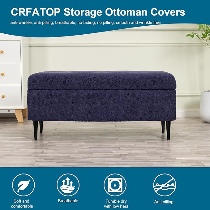 CRFATOP Jacquard Ottoman Stool Cover Stretch Folding Storage Footstool Bench Slipcovers Upholstered Foot Chest Chair Covers Washable Entryway Furniture Protector with Elastic Bands,L,Purplish Blue
