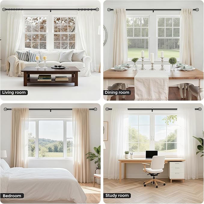 Black Curtain Rods for Windows 30 to 56 Inch, Decorative Window Treatment Rods with Aluminium Twisted Cage Finial, 1" Diameter Adjustable Heavy Duty Metal Farmhouse Drapery Pole