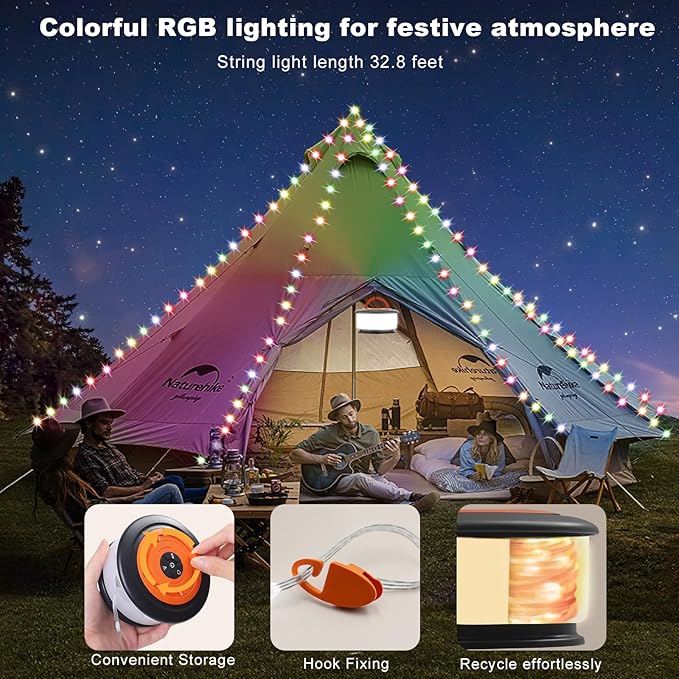Camping String Lights, Retractable String Lights Camping with 19 Lighting Modes, 32.8 FT Outdoor Rechargeable String Lights, Portable Camping Tent Lights String for Party, Camping, Christmas(Orange)
