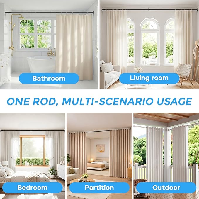 AIZESI 41-144 Inch Heavy Duty Black Tension Curtain Rod - No Drilling, Adjustable, Rust-Resistant for Outdoor, Living Room, Window, Bathroom