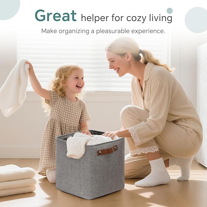 Cube Storage Baskets 6 Pack, 11x11 inch Cube Storage Bins with Leather Handles for Shelf Closet (Gray)