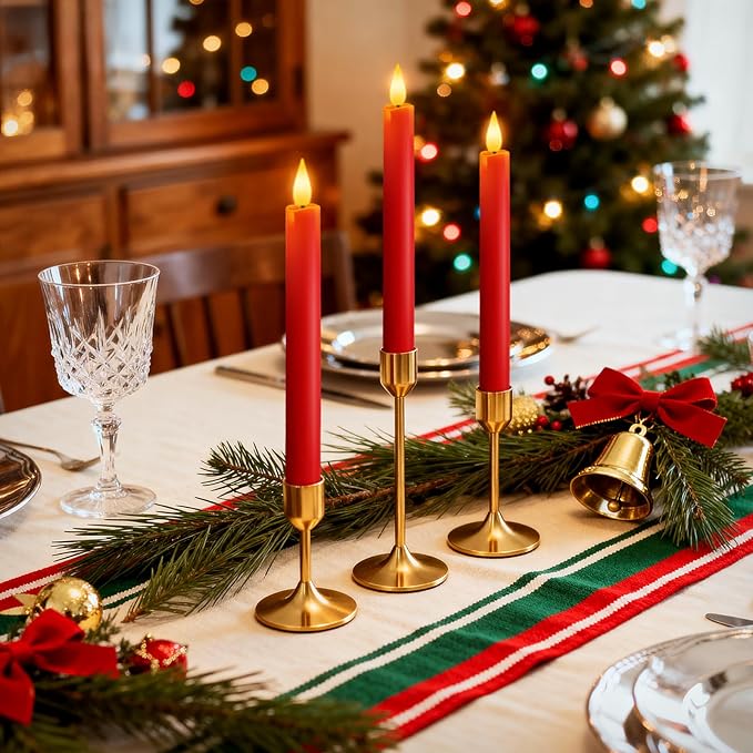 Homemory 6 Pcs Real Wax LED Red Flameless Taper Candles with Remote Timer, 9.6 Inches Fake Candlesticks, Dripless Battery Operated Window Candle with 3D Flickering Flame for Fireplace Xmas Decor