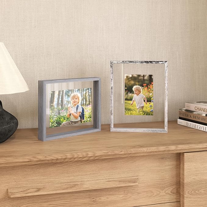 Egofine 8.5x11 Floating Frames Set of 2, Double Plexiglass Picture Frame, Made of Solid Wood Display Any Size Photo up to 8.5x11, Wall Mount or Tabletop Standing, Light Grey