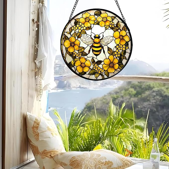 Stained Glass Window Hanging - Yellow Flowers Surrounded by Bees Sun Catcher for Door Garden Home Decor Cute Suncatcher Christmas Mother's Day Birthday Gifts for Women Men Mom Nana 6.3 in