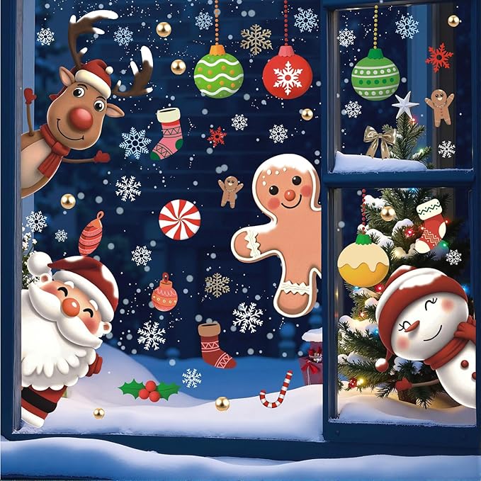 Christmas Window Clings,Winter Snowflake Window Clings,Christmas Decals Clings For Glass,Xmas Reindeer Wall Stickers,Xmas Santa Claus Snowman Gingerbread Wall Decals For Home Room Office School