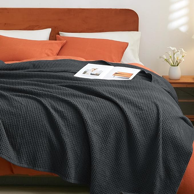 PHF 100% Cotton Waffle Weave Throw Blanket 50" x 60" - Lightweight Washed Soft Breathable for Adults and Kids - Perfect Layer for Couch Bed Sofa - Elegant Home Decoration Gift - Black