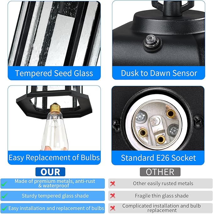 13.4'' Dusk to Dawn Outdoor Pendant Lights for Porch, Black Hanging Porch Light with Seeded Glass, Waterproof Outdoor Chandelier Farmhouse Ceiling Light Fixture Lanterns, 1Pack
