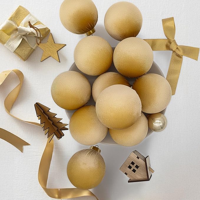 12PCS Velvet Christmas Ornaments Set – Large Flocked Shatterproof Baubles for Xmas Tree Decoration, Hanging Ornaments for Holiday & Home Décor (Gold, 4 Inch / 10 cm)