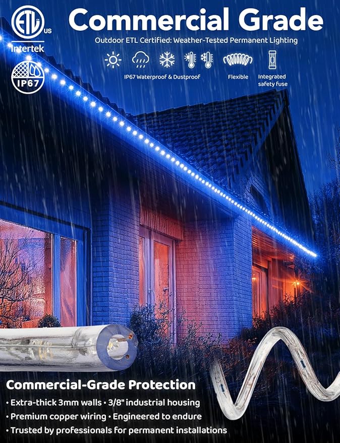 WYZworks 1116LEDs, 100ft LED Outside Rope Lights, Waterproof Permanent Outdoor ETL Certified Connectable Clear Tube, Christmas Palm Tree Holiday Decorative Landscape Patio Accent Lighting - Blue
