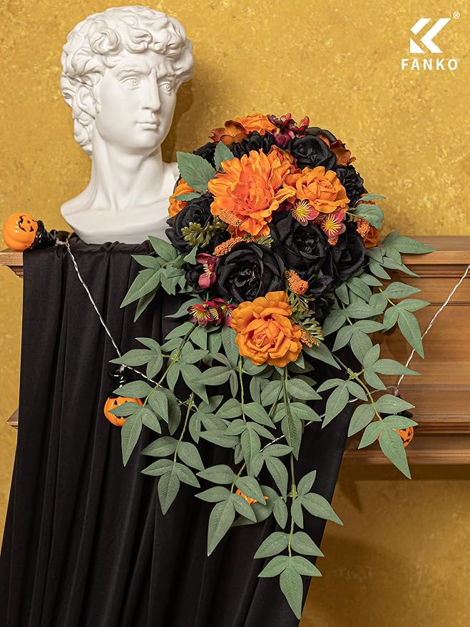 FANKO Artificial Flowers Black Rose: Mixed Fake Silk Flowers Combo Orange Rose & Dahlia Vintage Assorted Blooms for DIY Wedding Bridal Bouquets/Centerpieces/Halloween Decor