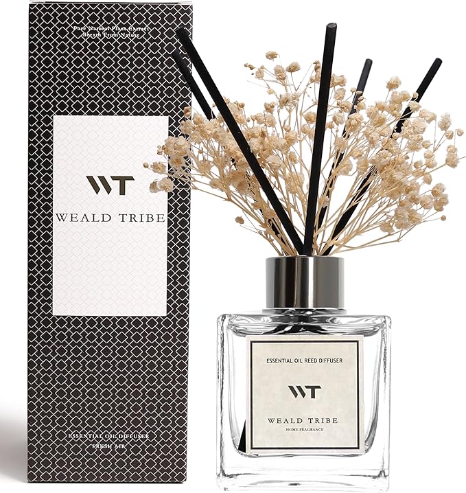 WEALD TRIBE Reed Diffuser Set Pure Cotton Scent for Bathroom Air Fresheners with Real Flower, Oil Diffuser Stick | 5.1 fl oz Home Fragrance with Sticks Defusers | House Bedroom Office Shelf Decor