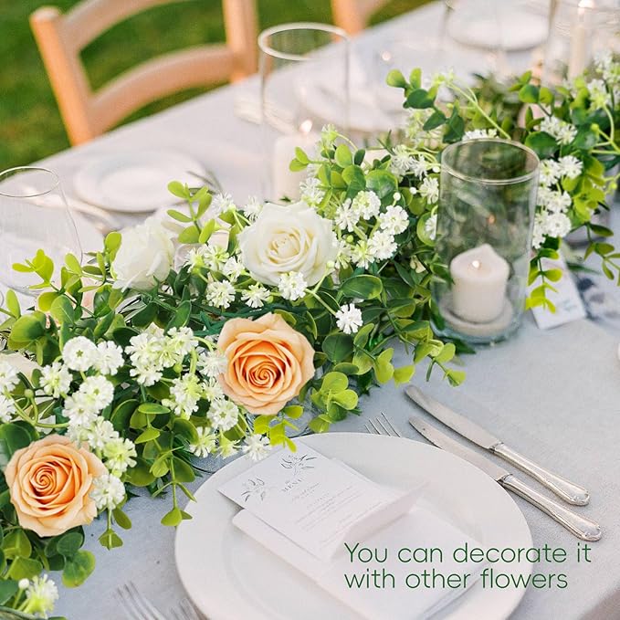 6FT Eucalyptus Garland with Flowers, 8 Pack Artificial Greenery Garland Hanging Faux Eucalyptus Garland Suitable for Table Wedding Backdrop Arch Wall Party UV Protected Indoor Outdoor Decor