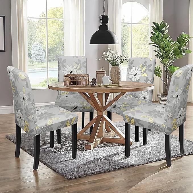 Sufdari Dining Chair Covers,Kitchen Chair Cover,Parsons Chair Slipcover,Spandex Chair Protectors for Dining Room Stretch Chairs Cover Set of 8 -Grey Floral