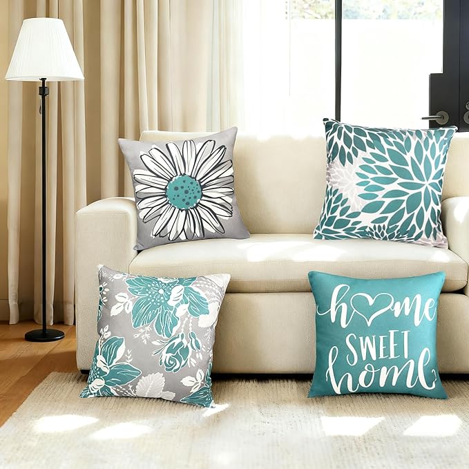 Decorative Throw Pillow Covers Set of 4 Green Pillow Covers 18x18 inch Farmhouse Throw Pillow Cover Linen Square Pillowcase Cushion Cases, Boho Pillow Covers for Couch Sofa Outdoor Home