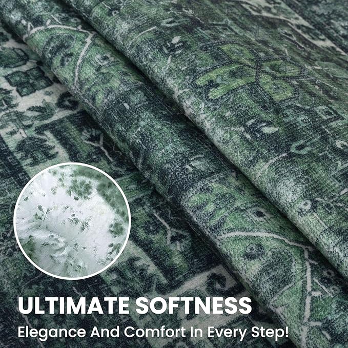 2x6 Vintage Runner for Hallways, Deep Green Non-Slip Printed Washable Kitchen Runner, Boho Rug with Non-Shedding, Medallion Floor Carpet for Laundry Bedroom Entryway