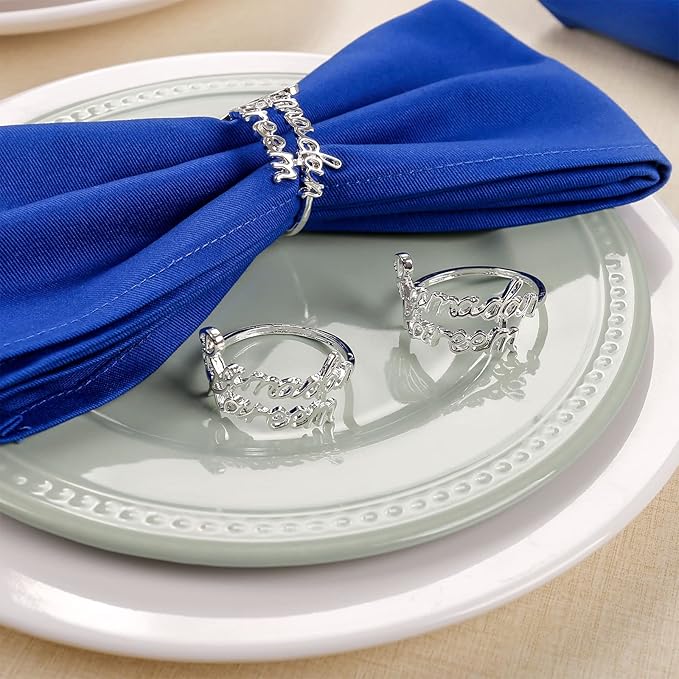Ramadan Napkin Rings Set of 12, Silver Mardi Gras Napkin Rings with Ramadan Kareem Letters, Metal Napkin Rings Holder for Eid Mubarak Party, Ramadan Festival Dinner Table Decoration(Silver)