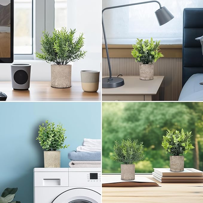 3 Pack Artificial Potted Fake Plants Eucalyptus 9” Artificial Mini Paper Pulp Potted Plants for Shelf Desk Home Bathroom Table Window Decor, Sage Green