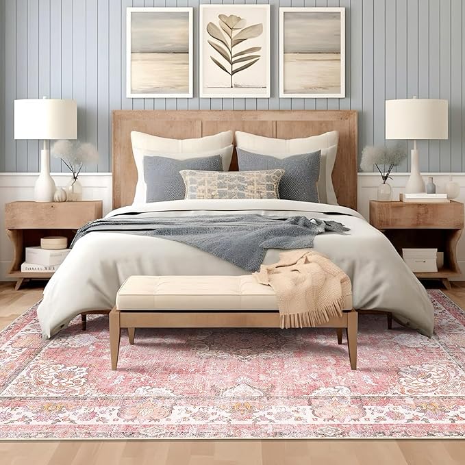 Pink Rug 6'x9' Area Rugs,Boho Washable Rug for Living Room Bedroom Dining Room,Large Vintage Bohemian Distressed Oriental Carpet Non Slip,Blush Floral Flowers