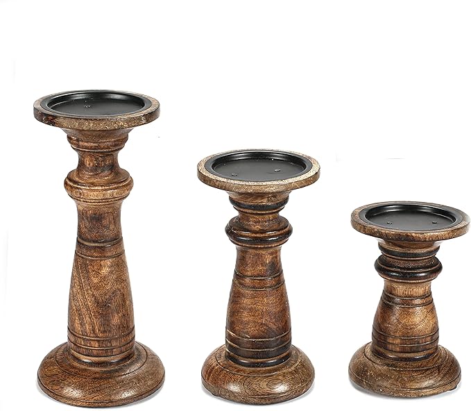 Hand Crafted Wooden Pillar Candle Holders Set of 3, Ideal for LED and Pillar Candles, Gifts for Wedding, Christmas, Party, Home, Spa, Reiki, Aromatherapy, Votive Candle Gardens - 10, 8, 6 Inch - Burnt