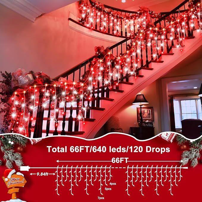 XURISEN 66ft Christmas Lights Decorations Outdoor, 640 LED 8 Modes Curtain Fairy Lights with 120 Drops,Plug in Waterproof Timer Memory Function for Christmas Holiday Wedding Party Decor(Red+White)