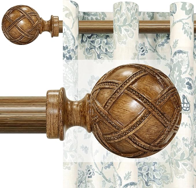 Wood Curtain Rods for windows 28 to 48 Inch(2.3-4ft): 1 Inch Adjustable Heavy Duty Curtain Rod with Netted Texture Finials, for Farmhouse,Living room & bedroom Size:18-64"