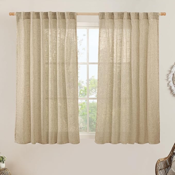LAMIT Semi Sheer Linen Curtains 54 Inch Length 2 Panels, Brown Light Filtering Panels Back Tab and Rod Pocket Neutral Drapes for Kitchen/Window/Bedroom, 52 x 54 Inch