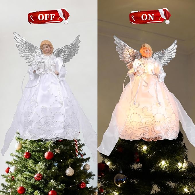 Vigdur Christmas Angel Tree Topper - 13Inch Lighted Angel Christmas Tree Topper Plug-in with LED Lights, Elegant Angel Christmas Decorations for Home Holiday Party Wedding Xmas Gifts