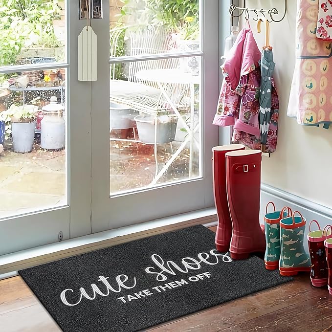 Welcome Mat Outdoor Entryway Cute Shoes Take Them Off Mats for Front Door with Rubber Backing Doormat All-Weather Indoor Mat Polystyrene Non Slip Natural Mat Black