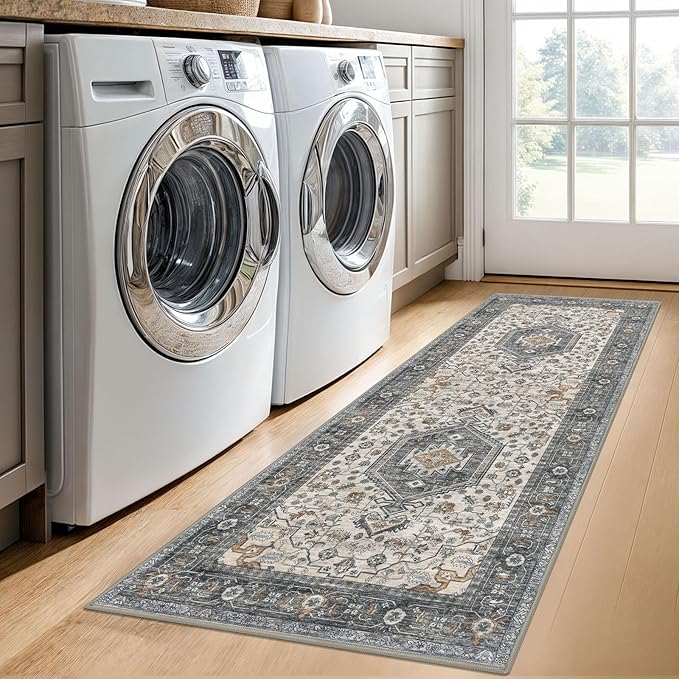 KUTA Runners for Hallways 2x6 Taupe, Vintage Floral Kitchen Rugs Non-Slip Washable Runner Ultra Soft Printed Retro Flower Carpet Entryway Rug for Bedroom Laundry Nursery Entryways