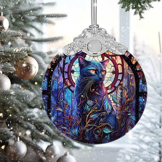 2025 Ornaments for Christmas Tree, Zmoicky Stained Glass Hanging Ornament, Christmas Ornaments Clearance, Gift Exchange Ornament, Bauble Present - Evil Black Cat