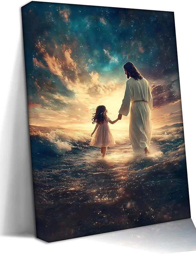 Eysintum Framed Jesus Wall Art Jesus with Girl Canvas Print Christian Faith Poster Inspirational Home Decor for Kids Room Nursery Living Room 16x24in Ready to Hang