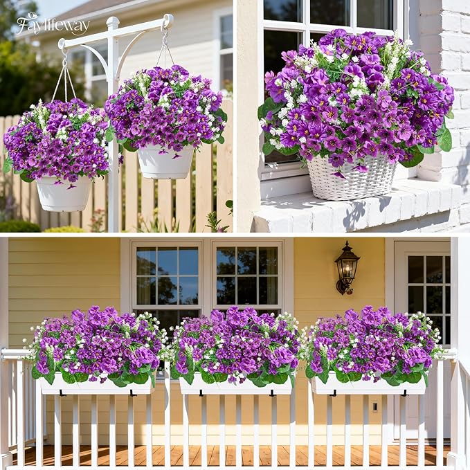 16 Bundles Artificial Flowers for Outdoors, UV Resistant Silk Faux Flowers for Outside Planters,Garden,Porch,Patio,Yard,Home Decor(Purple)