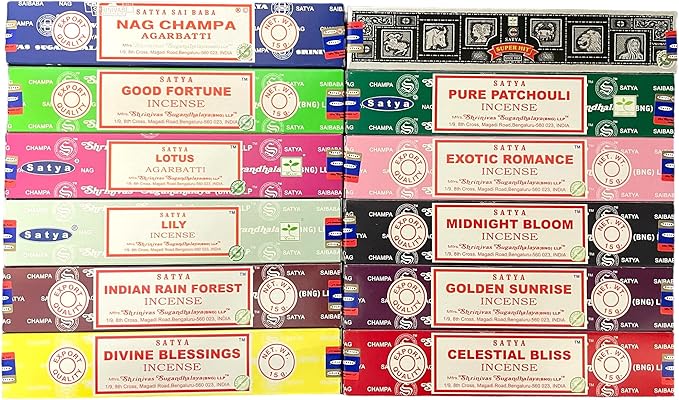 Satya Bangalore (BNG) Set of 12 NagChampa SuperHit CelestialBliss DivineBlessings ExoticRomance GoldenSunrise IndianRainforest MidnightBloom PurePatchouili GoodFortune Lotus Lily, VarietyPack08