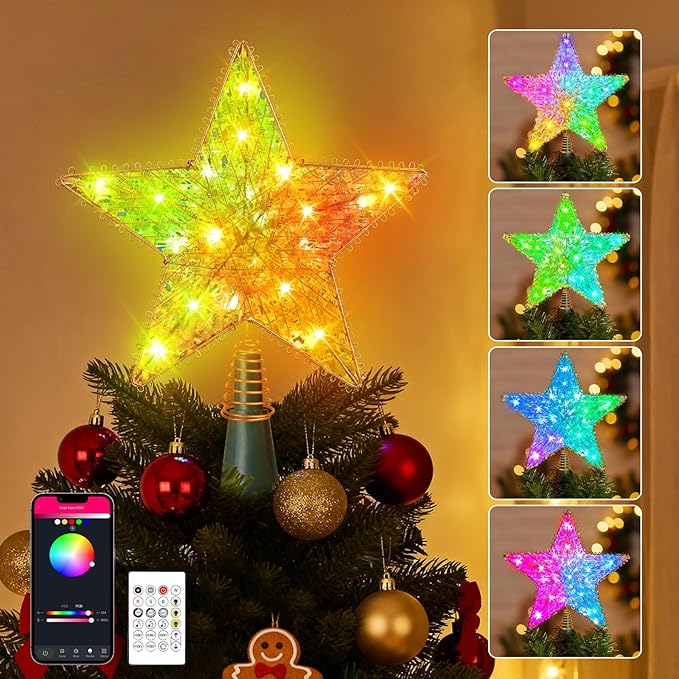Christmas Tree Star Topper, LED Tree Decorations, UL Certified Colorful Star Tree Topper Lights for Home Garden USB Plug in Xmas Tree New Year Holiday, APP and Remote Control, DIY Dimmer(Gold)