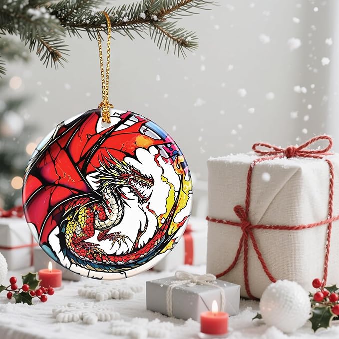 Ceramic-Style Christmas Tree Decorations, Christmas Ornaments, Double-Sided Printed Ornament Keepsakes, Holiday Decor. Xmas Gifts, Gifts for Dragon Lovers - Dragon-Themed